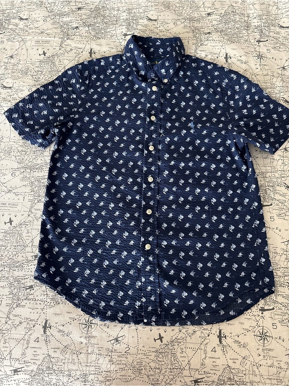 Ralph Lauren Navy Short-Sleeve Button-Down with White Sailboat Print